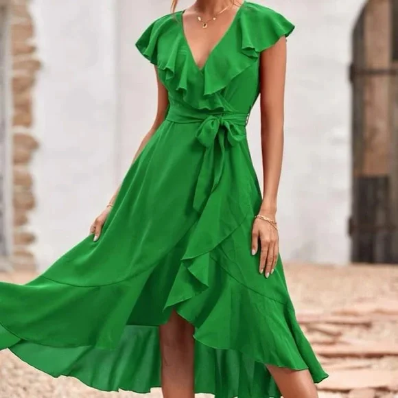 Boho pink ruffle hem wrap belted maxi dress - Picture 4 of 16